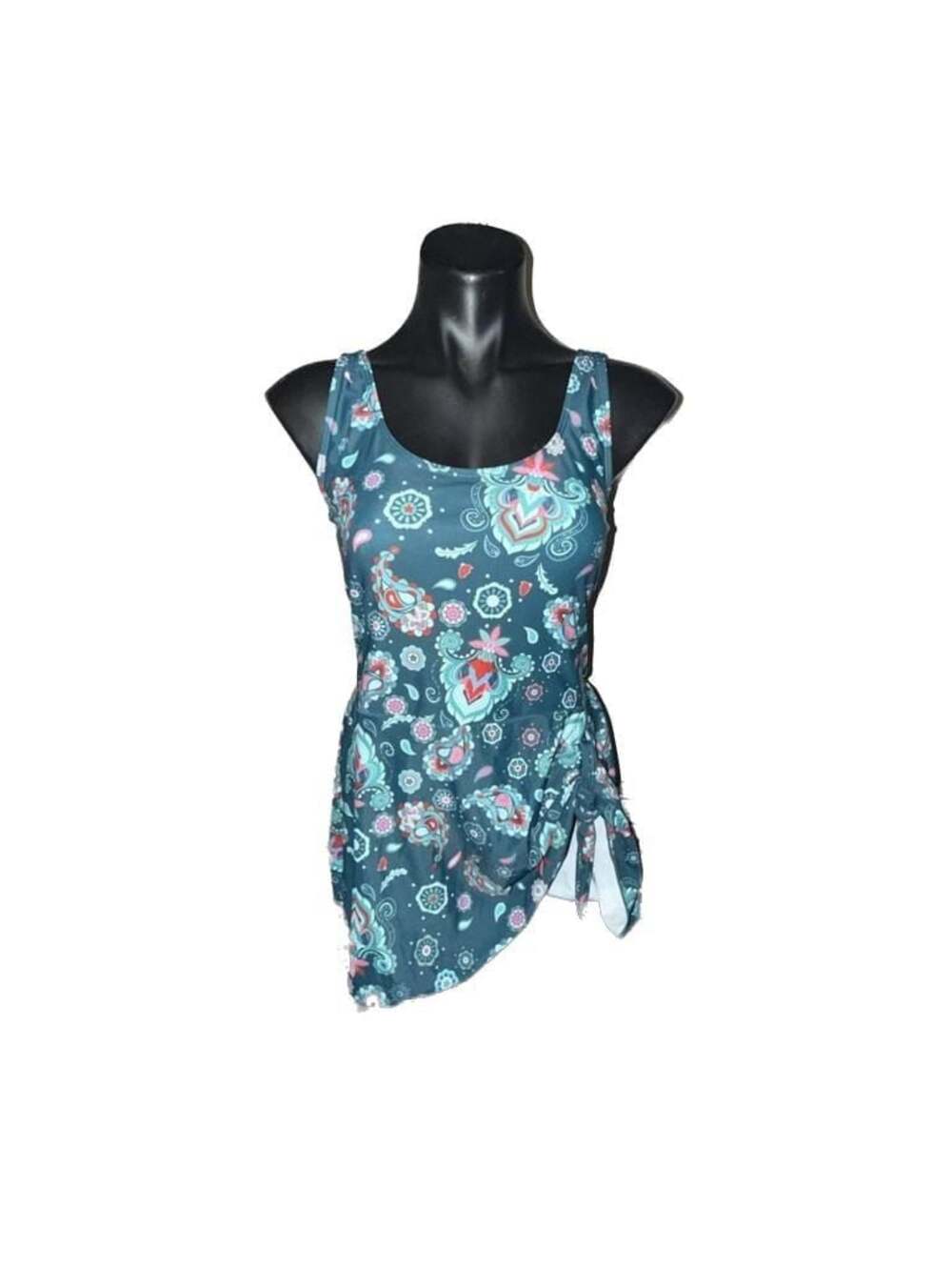 Women's Paisley Print One-Piece Swim Dress with Side Knot and Irregular Hem